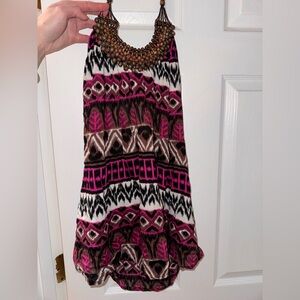 Women’s Y2K VTG 90s boho Pink and Brown Patterned Halter Top beaded neck line
